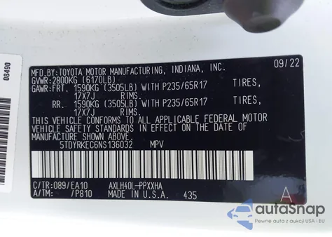 2022 Toyota Sienna Xle z USA, uszkodzony, nr VIN 5TDYRKEC6NS136032